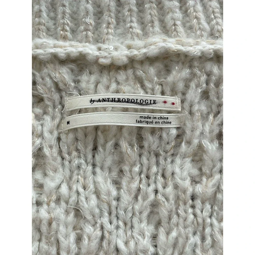 Anthropologie Fringed Boho Pullover Oversized Ivory Preppy Sweater Top Sz M New